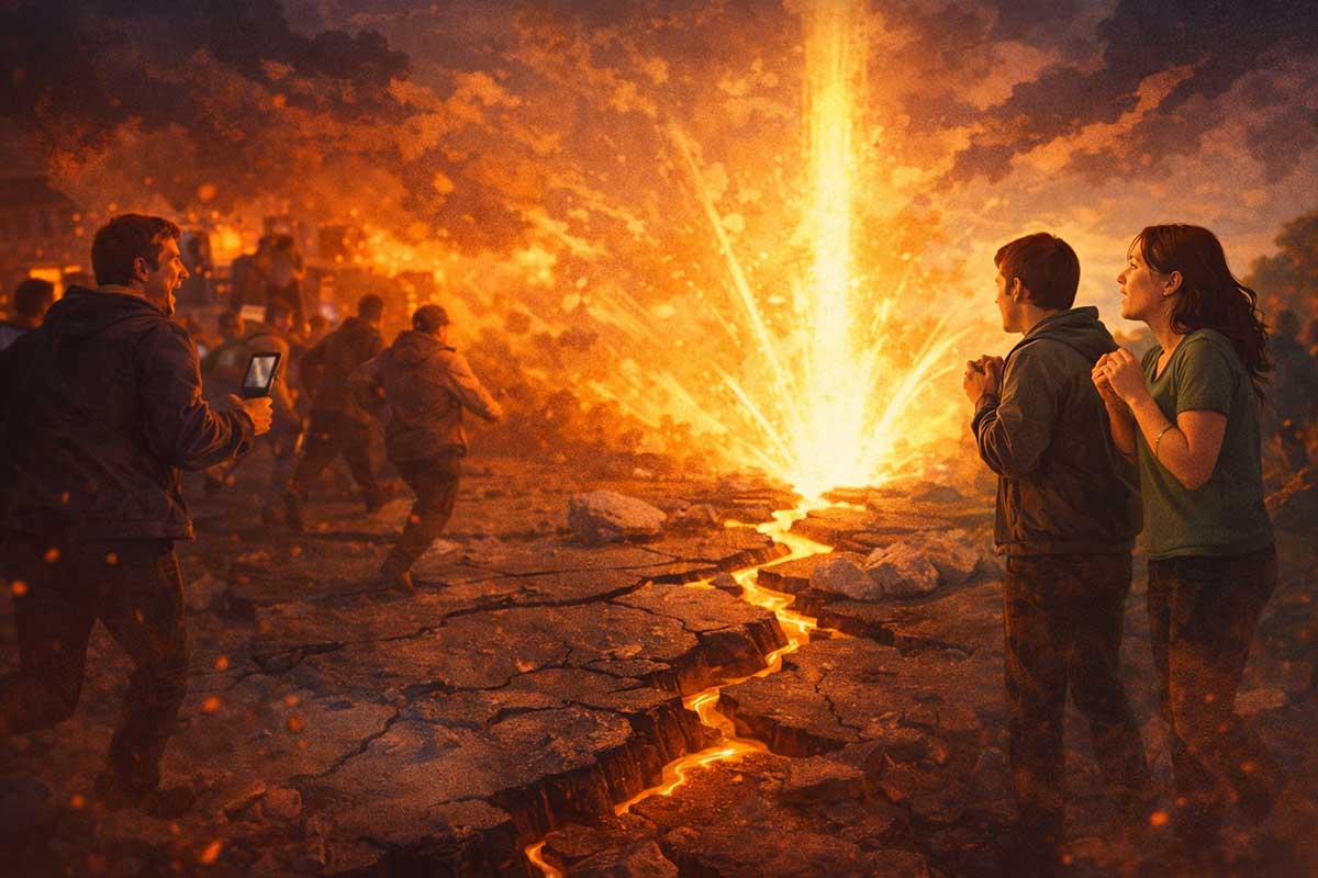 Golden light erupts from cracked earth