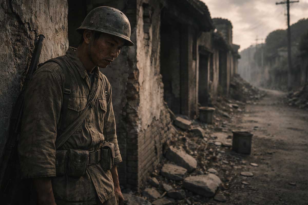 Soldier-in-a-war-torn-street