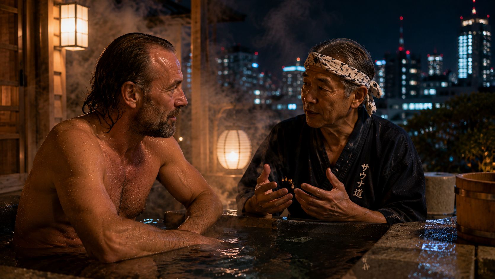Nighttime spa conversation with city view