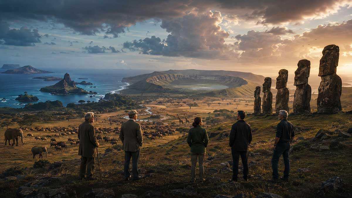 Epic-savanna-sunset-with-Moai-statues