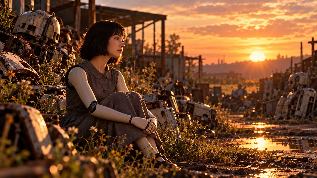 Robot-Girl-at-Sunset-Graveyard